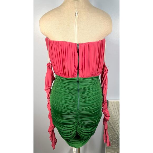 Alex Perry Ruched Strapless Jersey Pink and Green Mini Dress with Gloves Size 6 - Picture 10 of 13